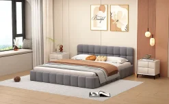 Fortuna lai Lit Double 160x200cm, Avec Sommier à Lattes Et Dossier, Avec Cadre Rembourré, Lin, Gris* Lit Coffre