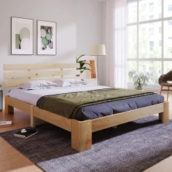 Lit Double 140x200cm Bois Tête De Lit Naturel><noscript><img width=