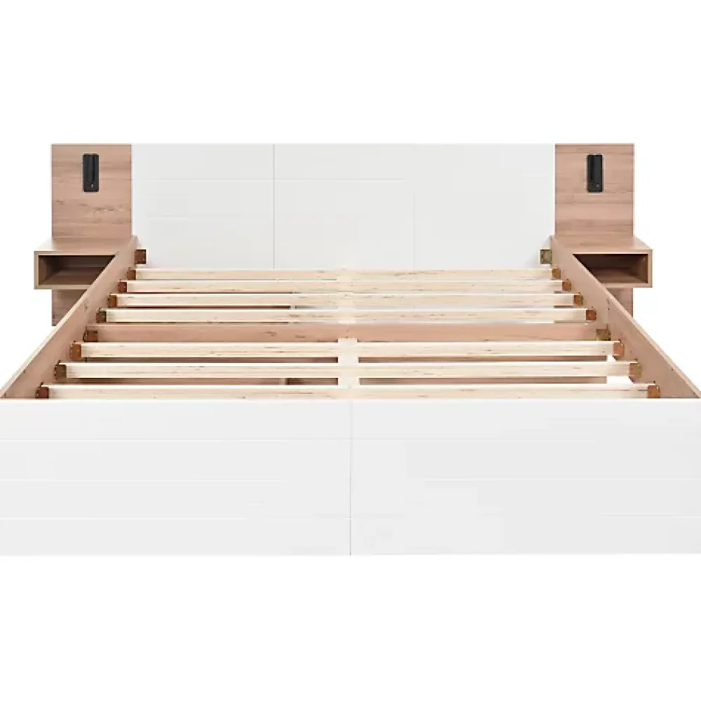 ModernLuxe Lit double 140x200cm en bois - avec 2 chevets et 2 tiroirs - 2 liseuses avec prise USB - Blanc + Naturel (matelas non inclus)* Lit Double