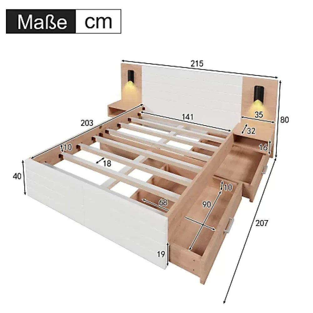 ModernLuxe Lit double 140x200cm en bois - avec 2 chevets et 2 tiroirs - 2 liseuses avec prise USB - Blanc + Naturel (matelas non inclus)* Lit Double