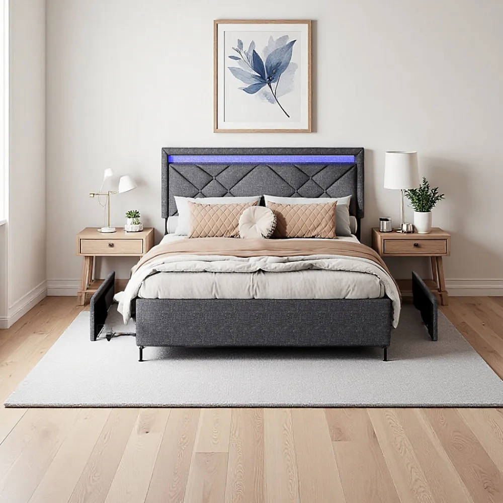 Lit double 160x200cm en lin gris foncé avec LED, USB & Type-C, tête de lit moderne et 4 tiroirs métalliques de rangement>ProximaX New