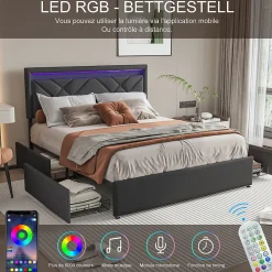 Lit double 160x200cm en lin gris foncé avec LED, USB & Type-C, tête de lit moderne et 4 tiroirs métalliques de rangement><noscript><img width=
