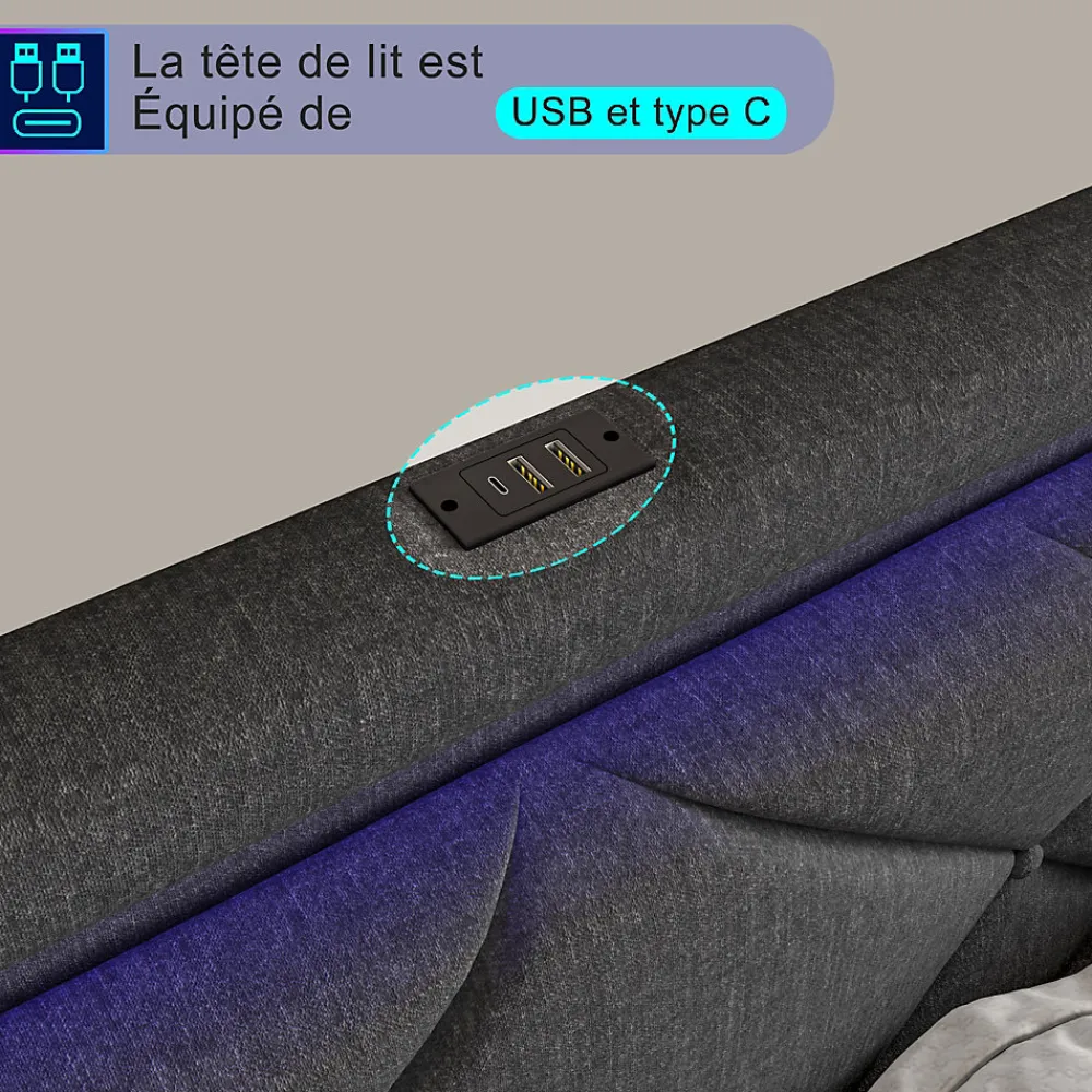 Lit double 160x200cm en lin gris foncé avec LED, USB & Type-C, tête de lit moderne et 4 tiroirs métalliques de rangement>ProximaX New