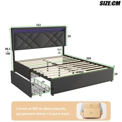 Lit double 160x200cm en lin gris foncé avec LED, USB & Type-C, tête de lit moderne et 4 tiroirs métalliques de rangement><noscript><img width=