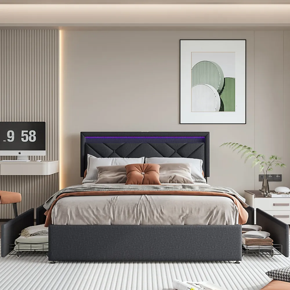 Lit double 160x200cm en lin gris foncé avec LED, USB & Type-C, tête de lit moderne et 4 tiroirs métalliques de rangement>ProximaX New