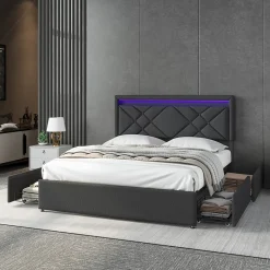 Lit double 160x200cm en lin gris foncé avec LED, USB & Type-C, tête de lit moderne et 4 tiroirs métalliques de rangement><noscript><img width=