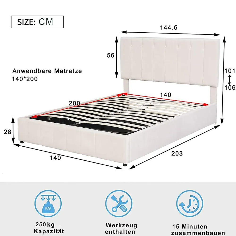 Blackcolors Lit Double 140x200cm Hydraulique LED Velours Blanc Crème* Lit Avec Rangement