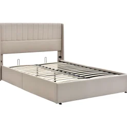 Lit double 160x200cm, lit rembourré hydraulique, lit de rangement avec sommier à lattes en bois, lin , beige><noscript><img width=