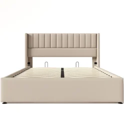 Lit double 160x200cm, lit rembourré hydraulique, lit de rangement avec sommier à lattes en bois, lin , beige><noscript><img width=