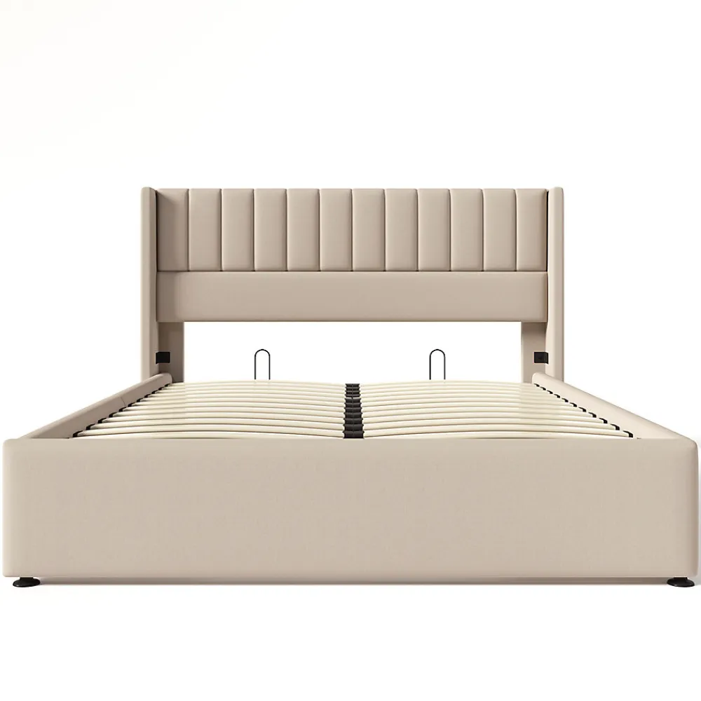 Lit double 160x200cm, lit rembourré hydraulique, lit de rangement avec sommier à lattes en bois, lin , beige>Gutent Clearance