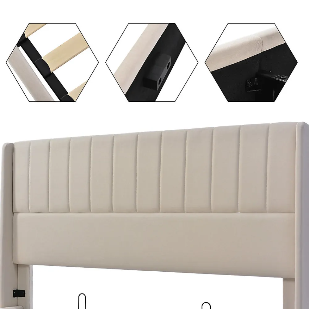 Lit double 160x200cm, lit rembourré hydraulique, lit de rangement avec sommier à lattes en bois, lin , beige>Gutent Clearance