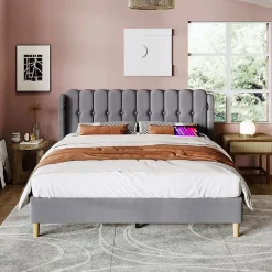 Lit Double 160x200cm USB C Rangement Gris Lin><noscript><img width=