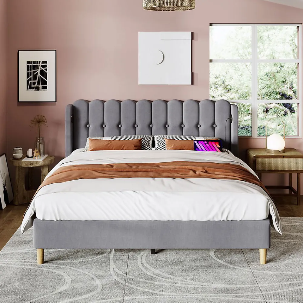 Lit Double 160x200cm USB C Rangement Gris Lin>Blackcolors Sale