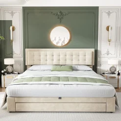 Lit Double 180X200Cm Velours Tiroirs Beige><noscript><img width=