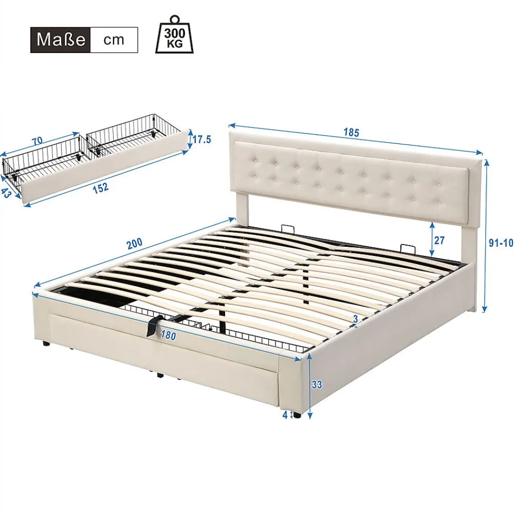 Lit Double 180X200Cm Velours Tiroirs Beige>Blackcolors Discount