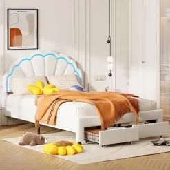 Generique Lit double 140x200,lit double capitonné,2 tiroirs en bout de lit,tête de lit pétale,LED réglable,velours,blanc* Lit Double