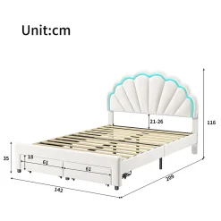 Generique Lit double 140x200,lit double capitonné,2 tiroirs en bout de lit,tête de lit pétale,LED réglable,velours,blanc* Lit Double