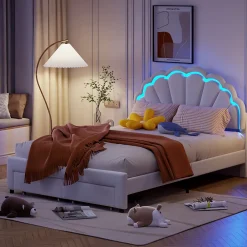 Generique Lit double 140x200,lit double capitonné,2 tiroirs en bout de lit,tête de lit pétale,LED réglable,velours,blanc* Lit Double