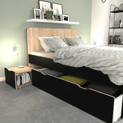 Lit double ZENIA 140x190 + 2 chevets + 2 tiroirs / Décor Chêne blanchi & noir><noscript><img width=