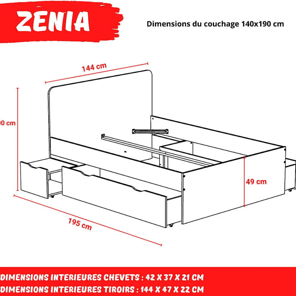 Lit double ZENIA 140x190 + 2 chevets + 2 tiroirs / Décor Chêne blanchi & noir>Weber Industries Online