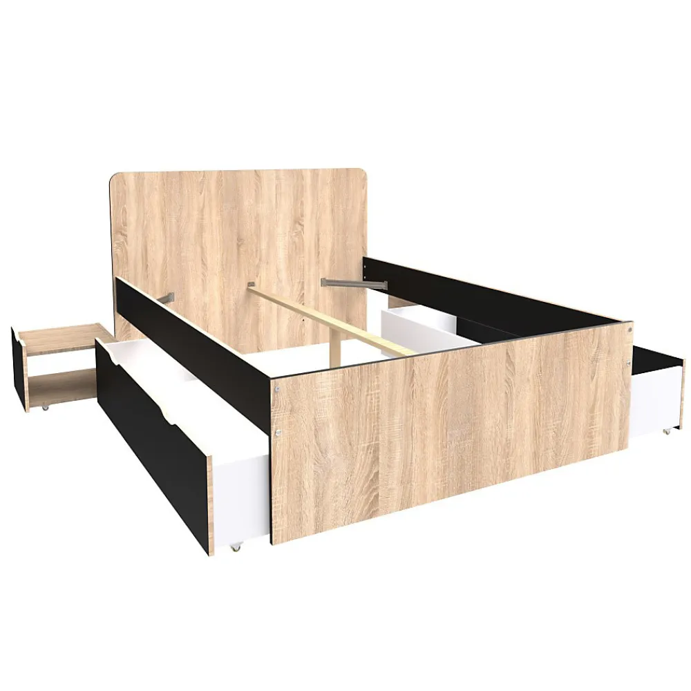 Lit double ZENIA 140x190 + 2 chevets + 2 tiroirs / Décor Chêne blanchi & noir>Weber Industries Online
