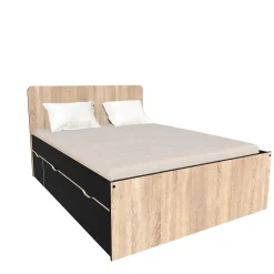 Lit double ZENIA 140x190 + 2 chevets + 2 tiroirs / Décor Chêne blanchi & noir><noscript><img width=