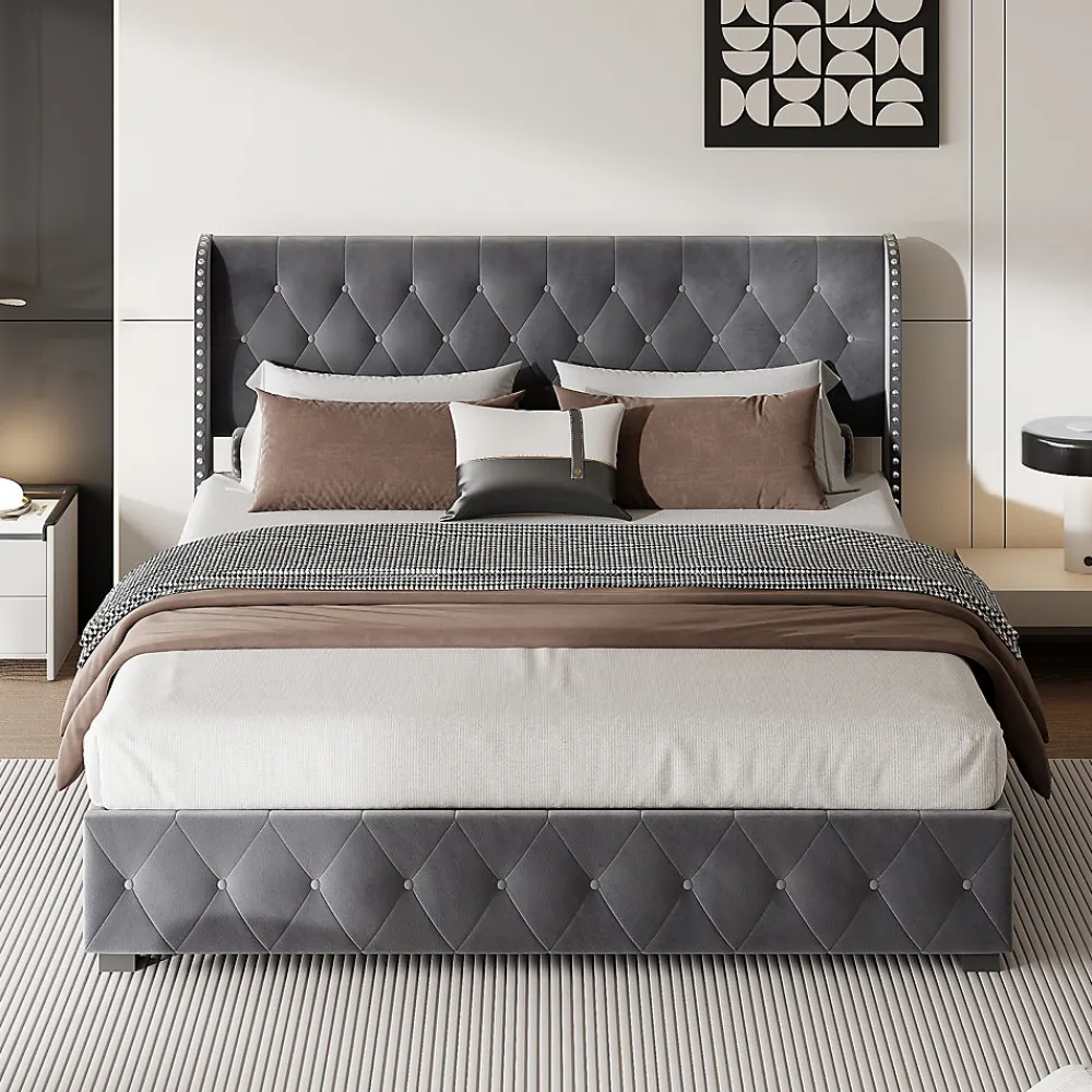 Fortuna lai Lit Double,Lit 160 x 200 avec Sommier,Cadre de Lit avec Sommier à Lattes et Tête de Lit,Rembourrage à Boutons,sans Matelas,Gris* Lit Coffre