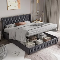 Fortuna lai Lit Double,Lit 160 x 200 avec Sommier,Cadre de Lit avec Sommier à Lattes et Tête de Lit,Rembourrage à Boutons,sans Matelas,Gris* Lit Coffre