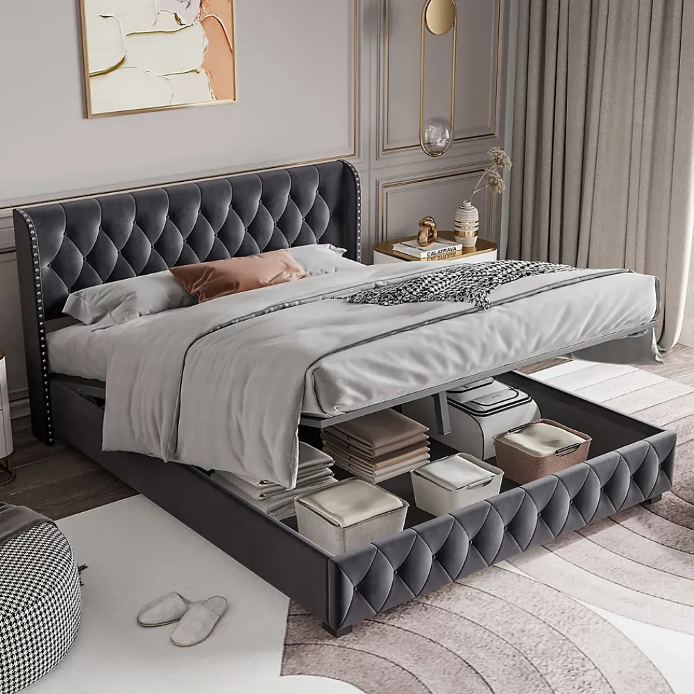 Fortuna lai Lit Double,Lit 160 x 200 avec Sommier,Cadre de Lit avec Sommier à Lattes et Tête de Lit,Rembourrage à Boutons,sans Matelas,Gris* Lit Coffre