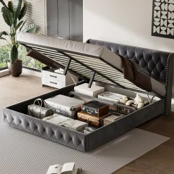 Fortuna lai Lit Double,Lit 160 x 200 avec Sommier,Cadre de Lit avec Sommier à Lattes et Tête de Lit,Rembourrage à Boutons,sans Matelas,Gris* Lit Coffre