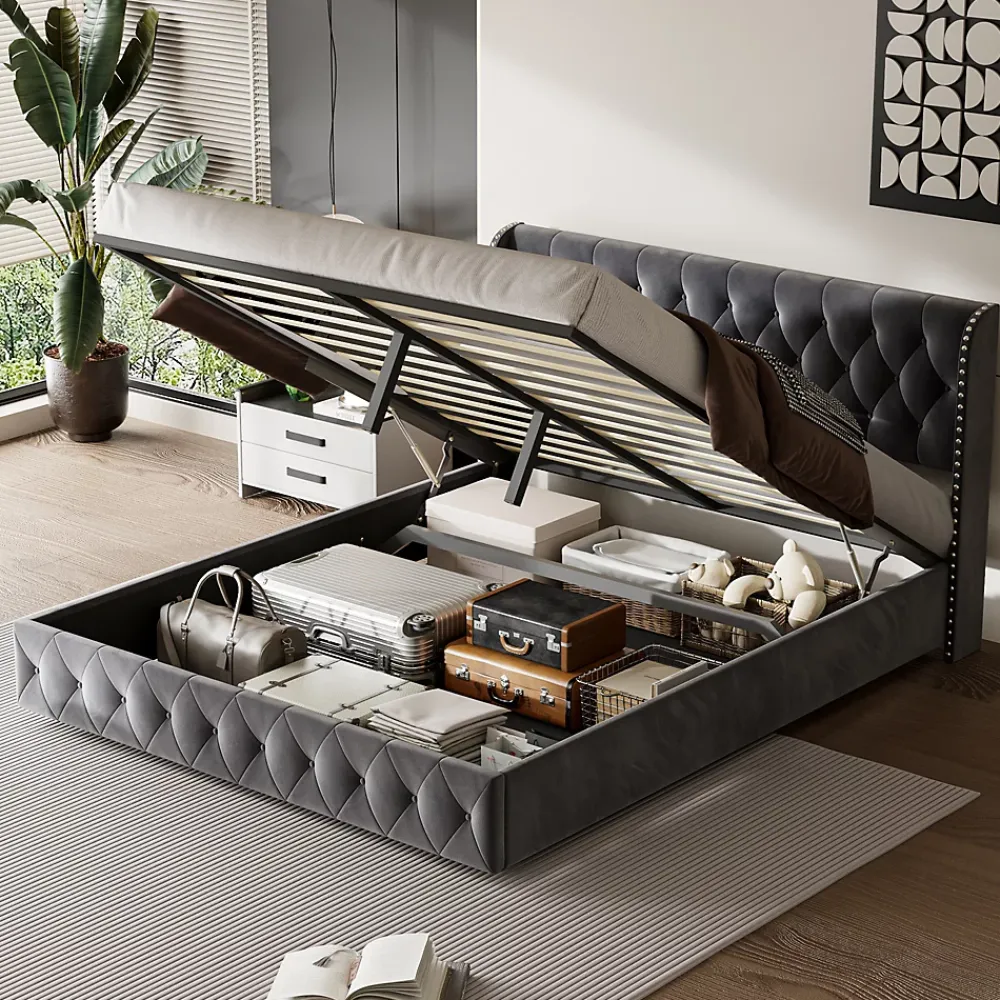 Fortuna lai Lit Double,Lit 160 x 200 avec Sommier,Cadre de Lit avec Sommier à Lattes et Tête de Lit,Rembourrage à Boutons,sans Matelas,Gris* Lit Coffre