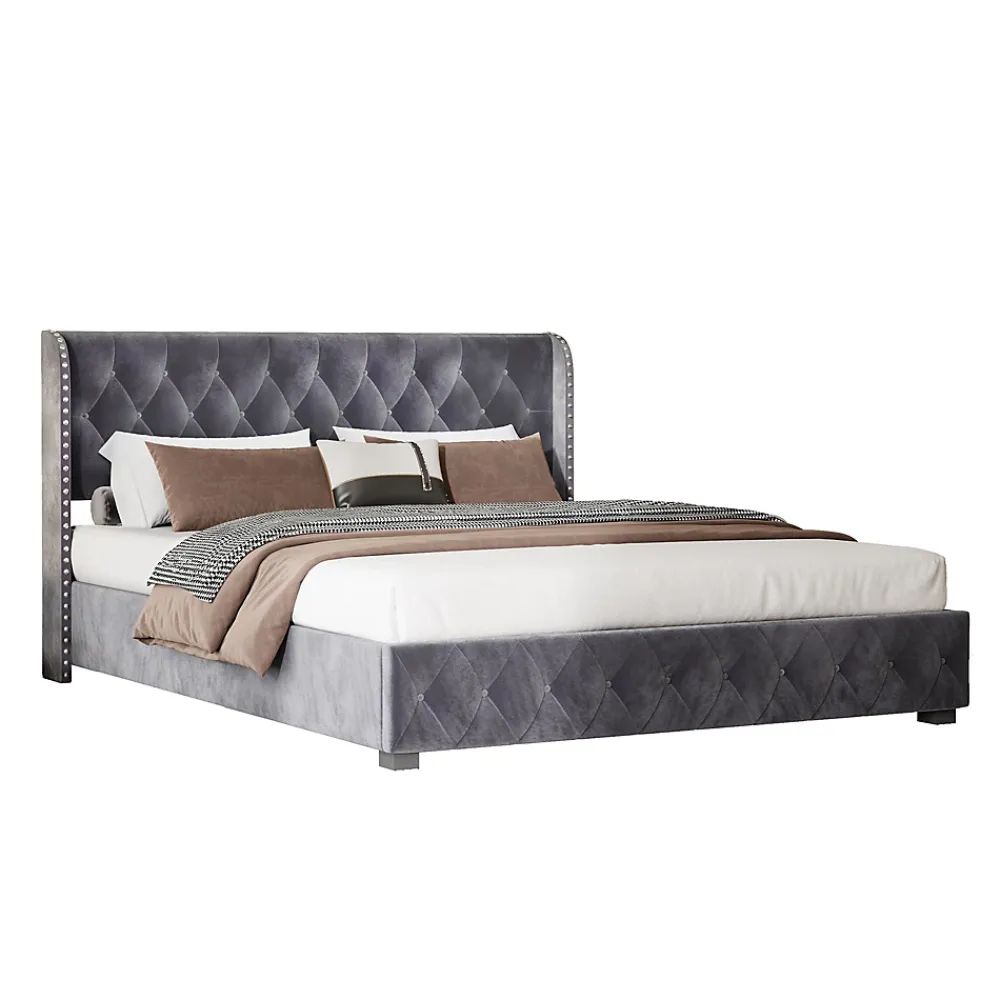 Fortuna lai Lit Double,Lit 160 x 200 avec Sommier,Cadre de Lit avec Sommier à Lattes et Tête de Lit,Rembourrage à Boutons,sans Matelas,Gris* Lit Coffre