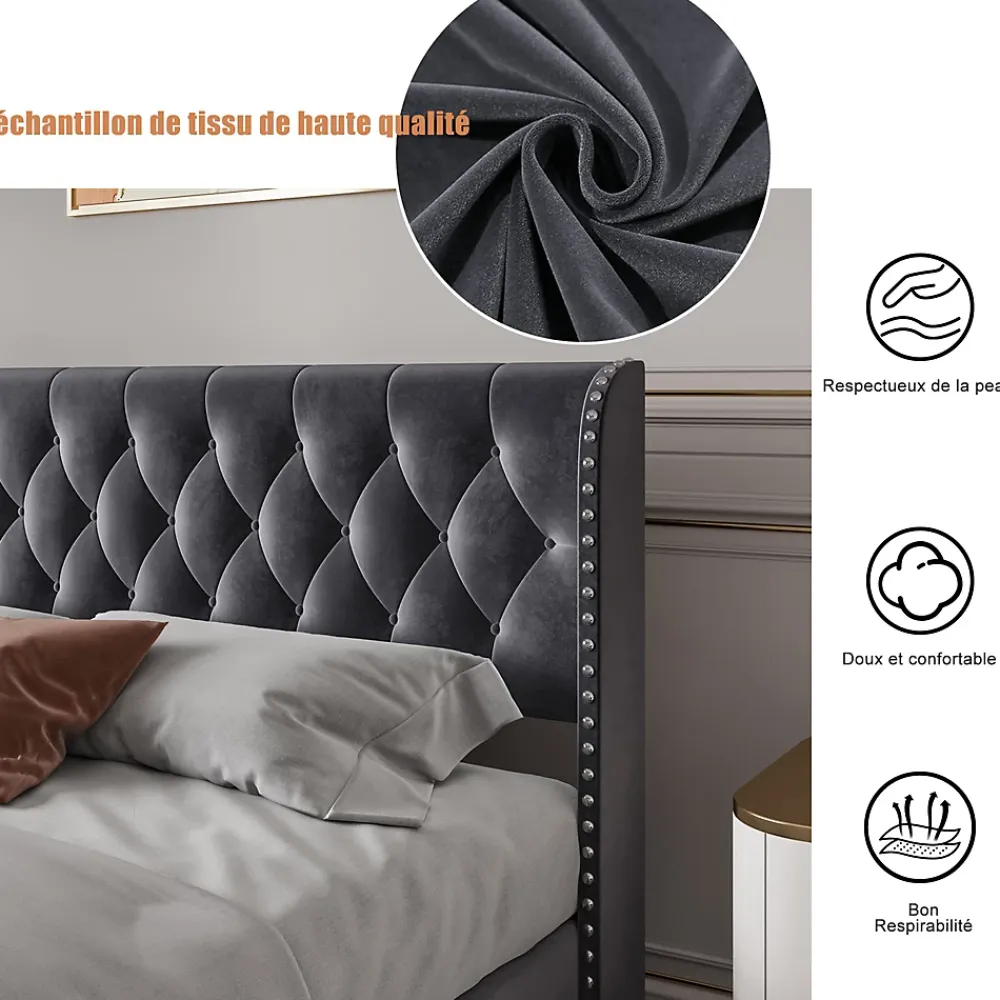 Fortuna lai Lit Double,Lit 160 x 200 avec Sommier,Cadre de Lit avec Sommier à Lattes et Tête de Lit,Rembourrage à Boutons,sans Matelas,Gris* Lit Coffre
