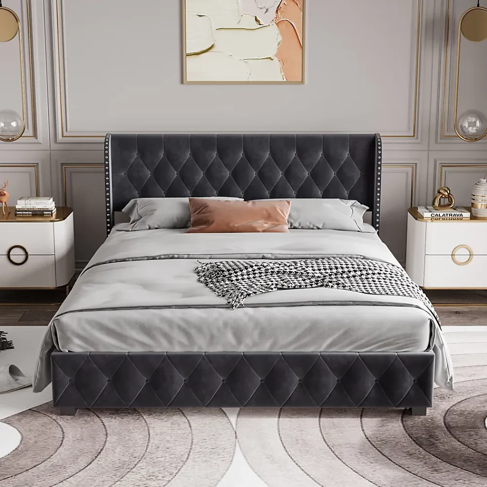Fortuna lai Lit Double,Lit 160 x 200 avec Sommier,Cadre de Lit avec Sommier à Lattes et Tête de Lit,Rembourrage à Boutons,sans Matelas,Gris* Lit Coffre