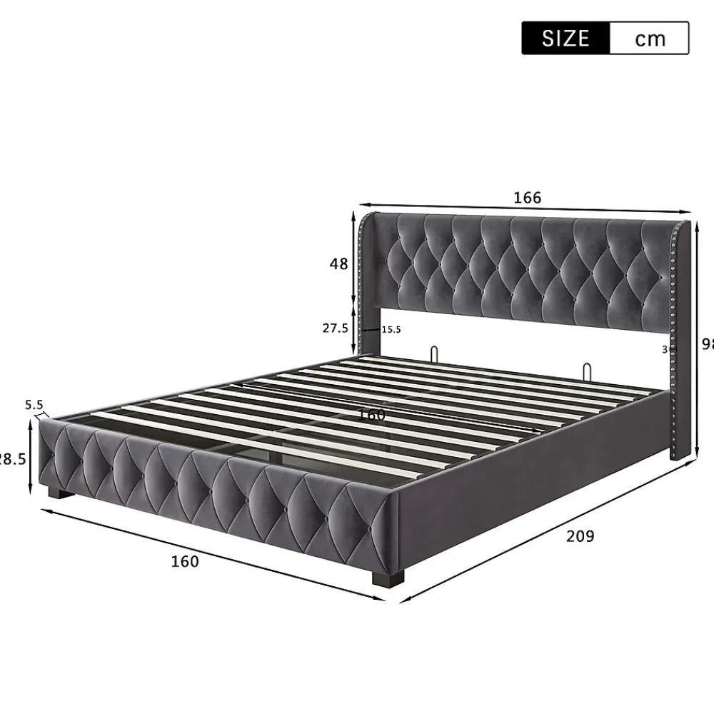 Fortuna lai Lit Double,Lit 160 x 200 avec Sommier,Cadre de Lit avec Sommier à Lattes et Tête de Lit,Rembourrage à Boutons,sans Matelas,Gris* Lit Coffre