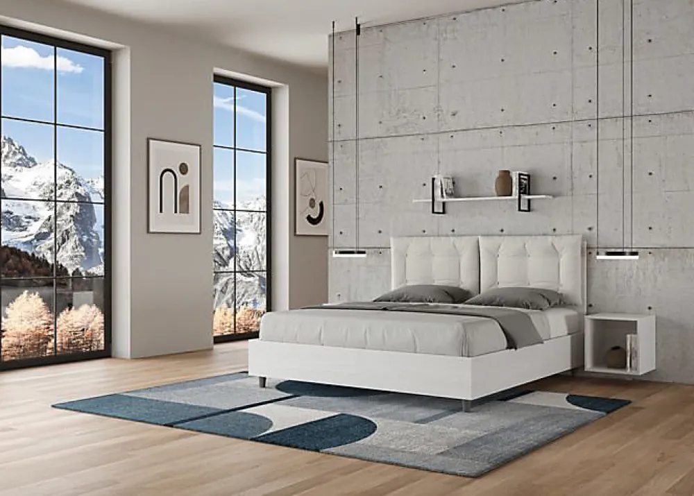 Ityhome Lit Egos Annalisa avec sommier 160x200 et coussins simili cuir blanc* Lit Coffre