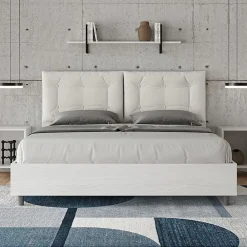 Ityhome Lit Egos Annalisa avec sommier 160x200 et coussins simili cuir blanc* Lit Coffre