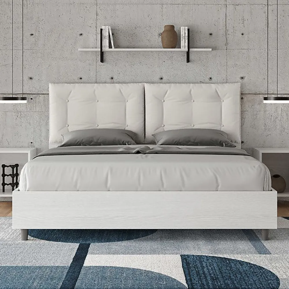 Ityhome Lit Egos Annalisa avec sommier 160x200 et coussins simili cuir blanc* Lit Coffre