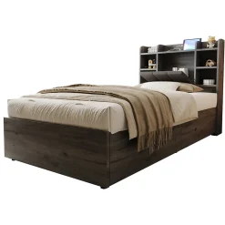 Lit en bois 90 par 200 cm lit hydraulique tête avec rangement ports USB et Type C lit simple couleur gris sans matelas>Redom