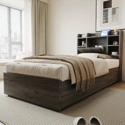 Lit en bois 90 par 200 cm lit hydraulique tête avec rangement ports USB et Type C lit simple couleur gris sans matelas><noscript><img width=