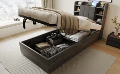 Lit en bois 90 par 200 cm lit hydraulique tête avec rangement ports USB et Type C lit simple couleur gris sans matelas><noscript><img width=