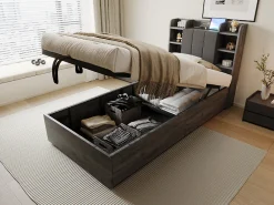 Lit en bois 90 par 200 cm lit hydraulique tête avec rangement ports USB et Type C lit simple couleur gris sans matelas><noscript><img width=