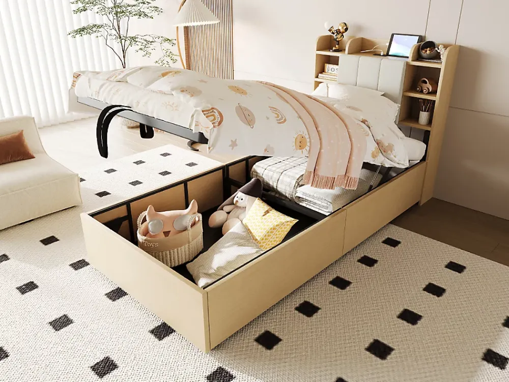 Redom Lit en bois 90 par 200 cm lit hydraulique tête avec rangement ports USB et type C lit simple couleur bois sans matelas* Lit Avec Rangement