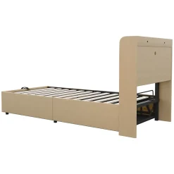 Redom Lit en bois 90 par 200 cm lit hydraulique tête avec rangement ports USB et type C lit simple couleur bois sans matelas* Lit Avec Rangement