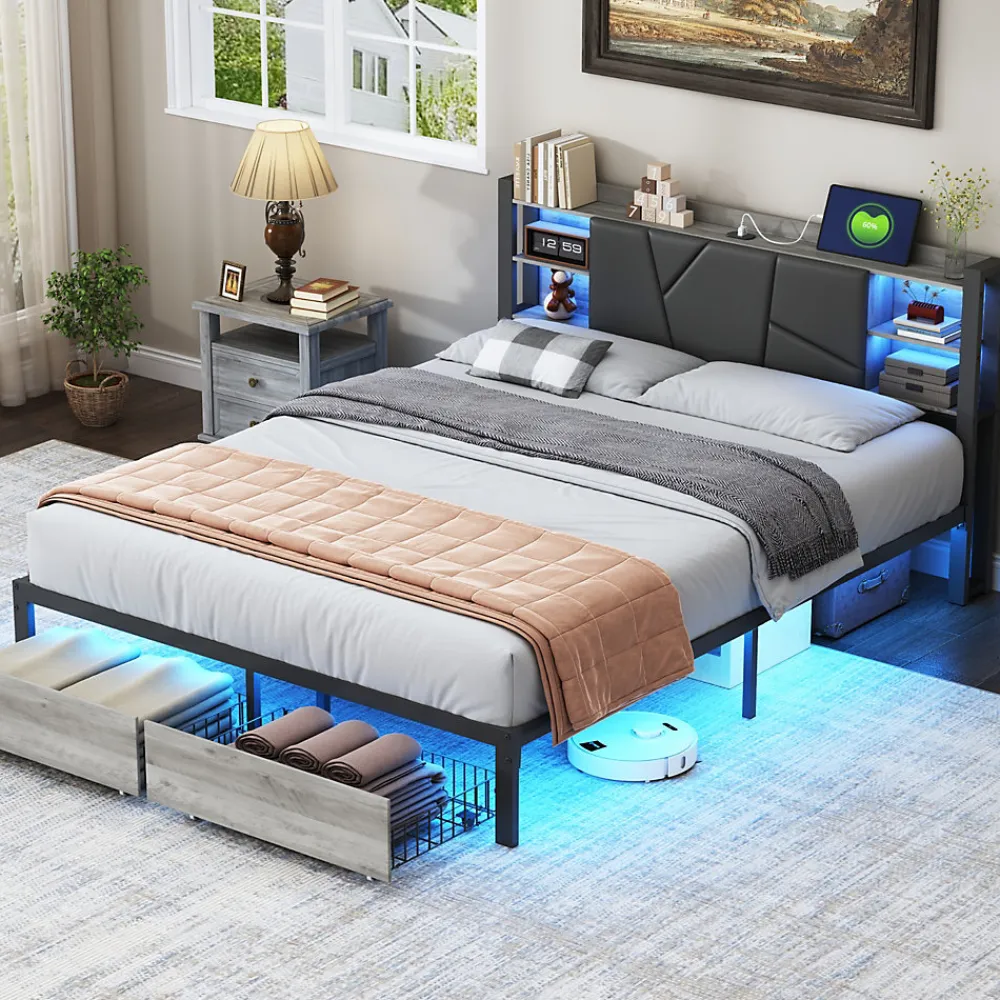 Lit en bois de fer 140x200 tête de lit lit avec lampe avec bout de lit double tiroirs chargeur>Simple Life New