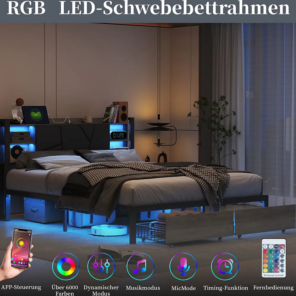 Lit en bois de fer 140x200 tête de lit lit avec lampe avec bout de lit double tiroirs chargeur>Simple Life New