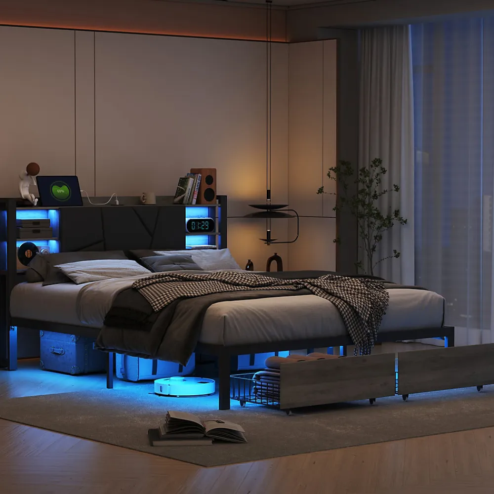 Lit en bois de fer 140x200 tête de lit lit avec lampe avec bout de lit double tiroirs chargeur>Simple Life New