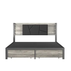 Lit en bois de fer 140x200 tête de lit lit avec lampe avec bout de lit double tiroirs chargeur><noscript><img width=