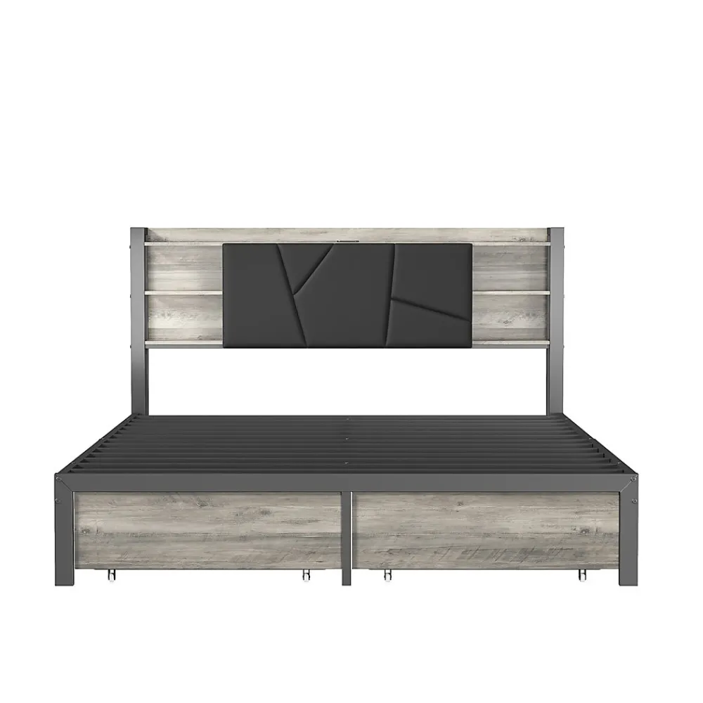 Lit en bois de fer 140x200 tête de lit lit avec lampe avec bout de lit double tiroirs chargeur>Simple Life New