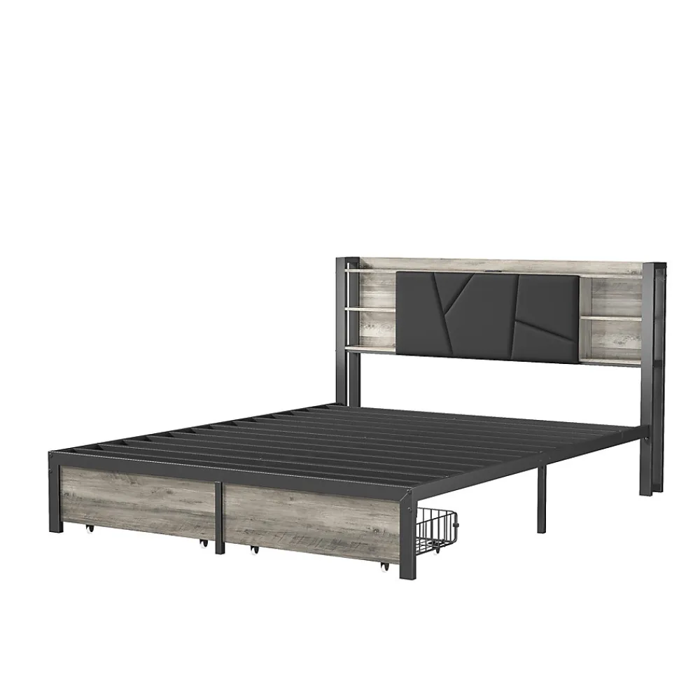 Lit en bois de fer 140x200 tête de lit lit avec lampe avec bout de lit double tiroirs chargeur>Simple Life New